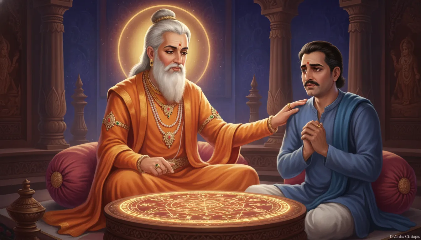 एक ज्योतिष चक्र (कुंडली) को ध्यान से देखते हुए एक ज्योतिषी, उसके सामने एक परेशान व्यक्ति बैठा है और ज्योतिषी उसे समझा रहा है।