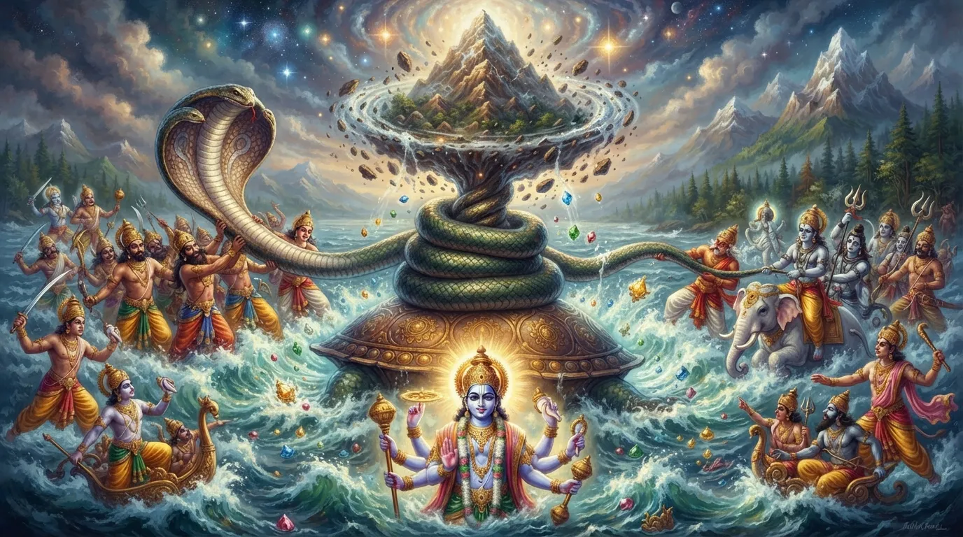 मंदराचल पर्वत के चारों ओर लिपटे वासुकि नाग को देवता और असुर अपनी-अपनी ओर खींच रहे हैं, जिससे क्षीरसागर में भयंकर मंथन हो रहा है। नीचे भगवान विष्णु अपने विशाल कूर्म (कछुआ) अवतार में पर्वत को अपनी पीठ पर संतुलित किए हुए हैं।