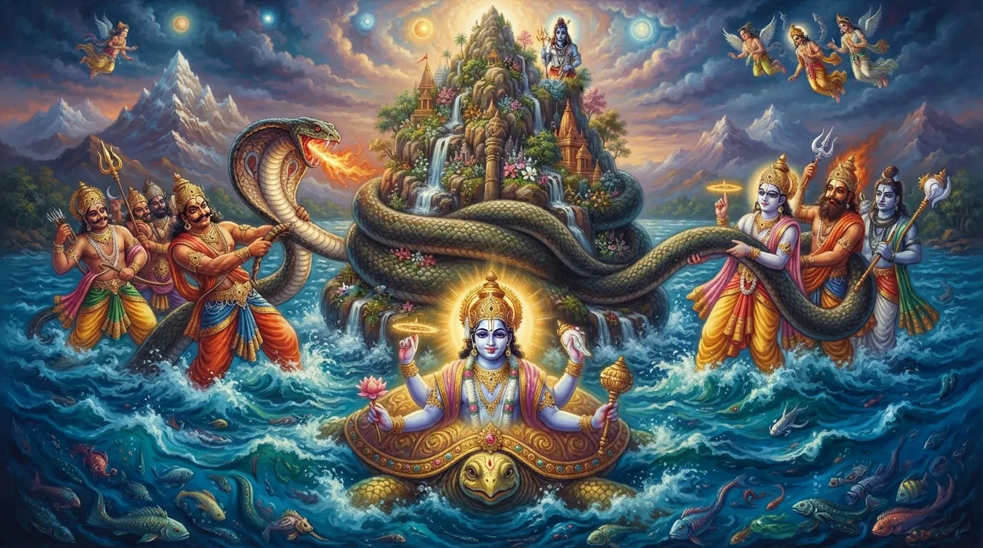 मंदार पर्वत को मथानी और वासुकि नाग को रस्सी बनाकर देव और असुर समुद्र का मंथन कर रहे हैं। नीचे भगवान विष्णु कूर्म अवतार में पर्वत को अपनी पीठ पर संभाले हुए हैं।