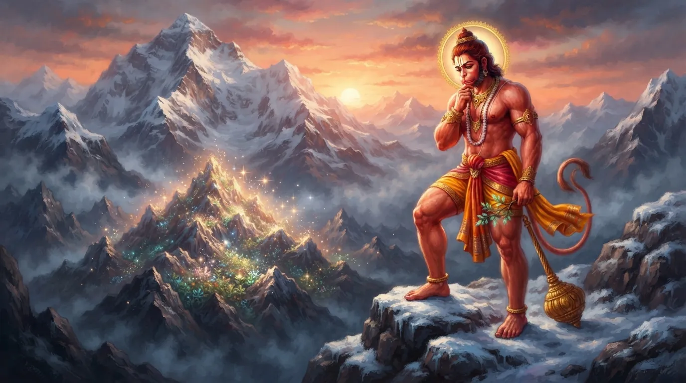पवनपुत्र हनुमान हिमालय की एक बर्फीली चोटी पर खड़े हैं। भोर का समय है, आसमान में हल्की लालिमा है। वे नीचे द्रोणागिरि पर्वत को देख रहे हैं जो दिव्य जड़ी-बूटियों की चमक से जगमगा रहा है, पर वे दुविधा में हैं।