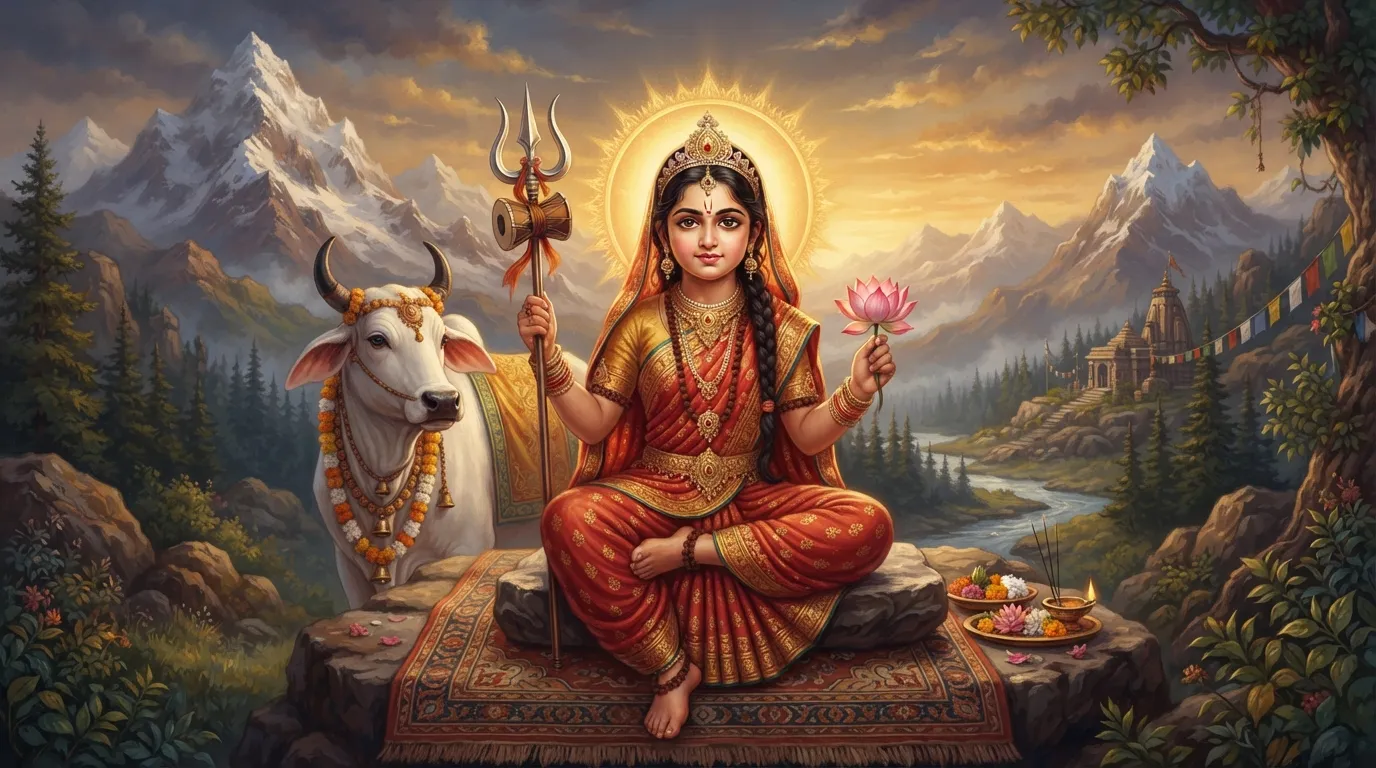 देवी शैलपुत्री हिमालय की गोद में एक शांत और दृढ़ बालिका के रूप में बैठी हैं, उनके एक हाथ में त्रिशूल और दूसरे में कमल है, और नंदी बैल पास में खड़ा है।