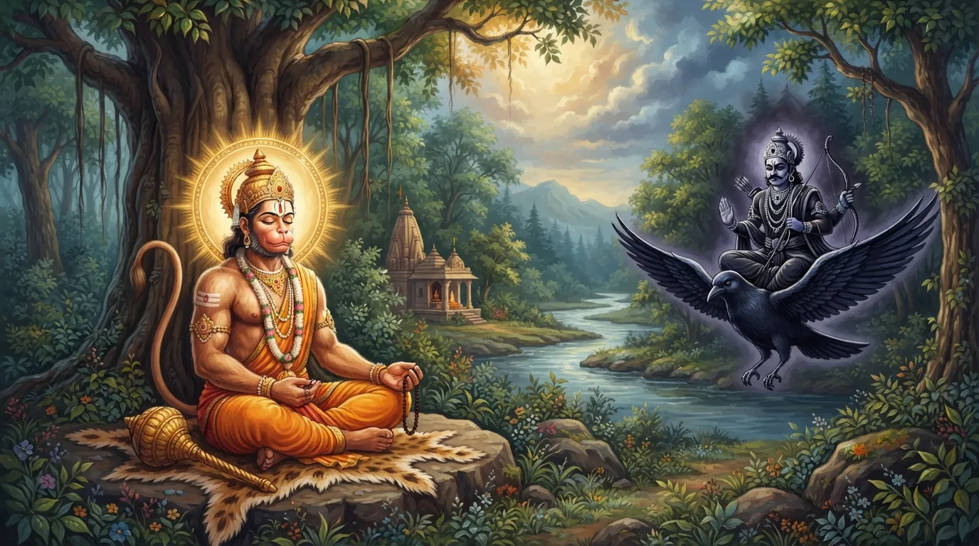 एक शांत वन में हनुमान जी श्री राम का ध्यान कर रहे हैं, और शनि देव काले वस्त्रों में, अपने कौए वाहन के साथ, अभिमान से उनकी ओर बढ़ रहे हैं।
