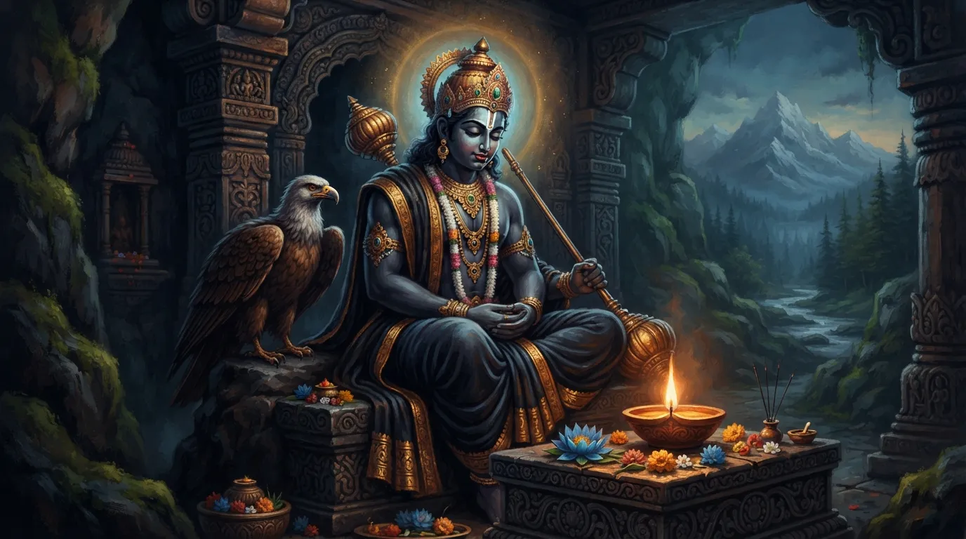 शनि देव की प्राचीन शांत प्रतिमा, जिनका सिर आदर और गंभीरता से नीचे झुका हुआ है, और आगे सरसों के तेल का दीपक जल रहा है