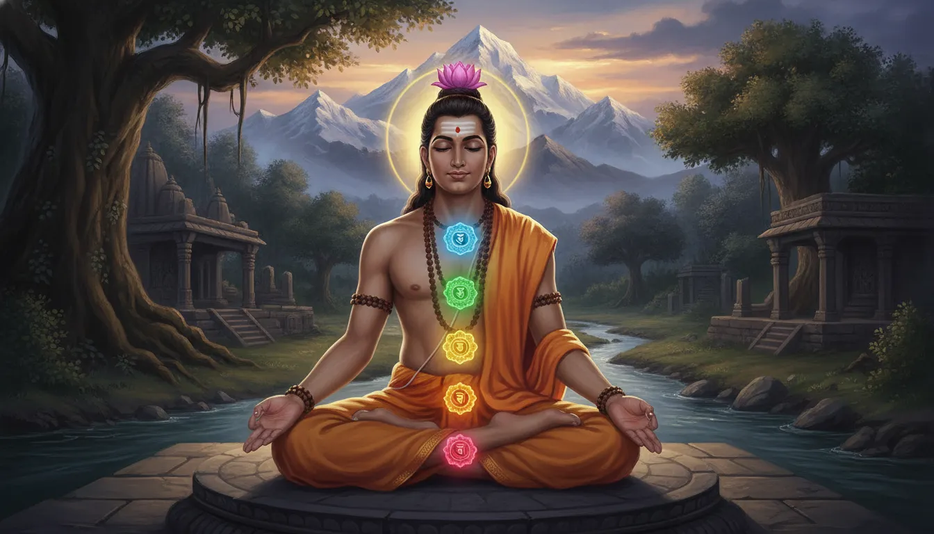 एक शांत मानव आकृति ध्यान की मुद्रा में बैठी है, जिसकी रीढ़ की हड्डी सीधी है। उसके शरीर पर सात मुख्य चक्रों को उनकी सही जगहों पर चमकते हुए रंगों (नीचे से ऊपर: लाल, नारंगी, पीला, हरा, नीला, गहरा नीला, बैंगनी) के साथ दिखाया गया है।