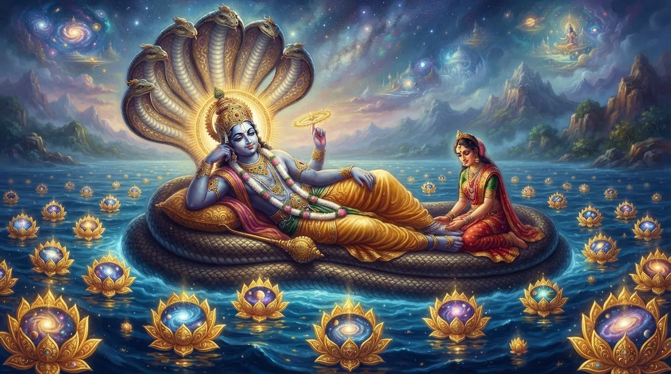 भगवान विष्णु शेषनाग पर लेटे हुए हैं। उनके चारों ओर गहरे नीले क्षीर सागर में अनगिनत सुनहरे कमल के फूल तैर रहे हैं, हर कमल के अंदर एक छोटा ब्रह्मांड चमक रहा है, जिसमें तारे और आकाशगंगाएं हैं।