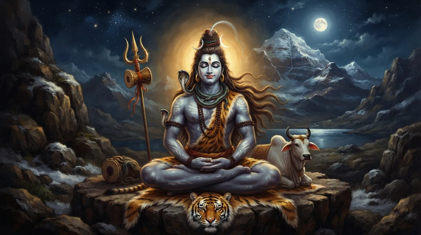 एक शांत और ध्यानमग्न शिव, कैलाश पर्वत पर बैठे हैं, उनके शरीर पर लगी भस्म चाँदनी में चमक रही है, जो दिव्यता और शांति का प्रतीक है।