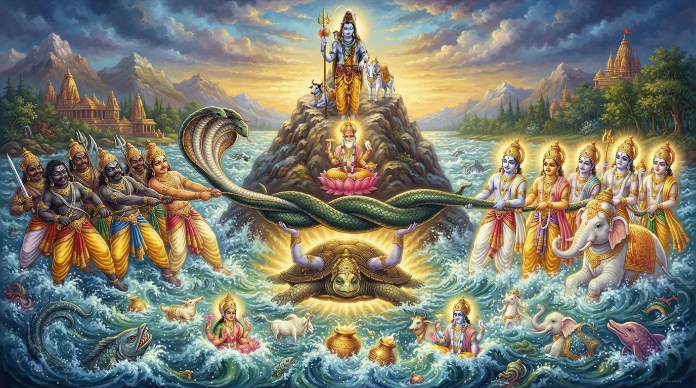 विशाल समुद्र के बीच मंदराचल पर्वत को मथनी और वासुकि नाग को रस्सी बनाकर देवता और असुर समुद्र मंथन कर रहे हैं। विष्णु कच्छप अवतार में पर्वत को अपनी पीठ पर संभाले हुए हैं।