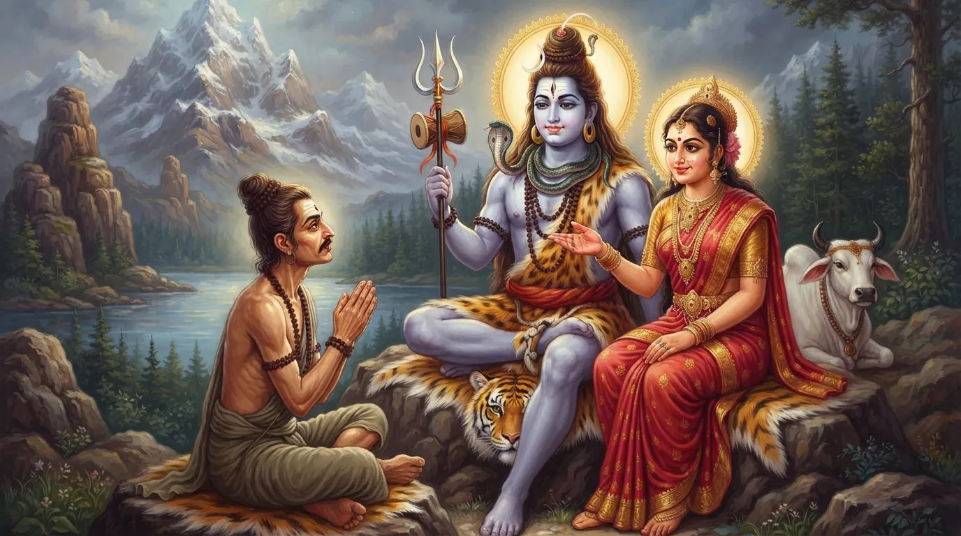 कैलाश पर्वत पर ऋषि भृंगी हाथ जोड़े केवल शिव की ओर देख रहे हैं, जबकि बगल में बैठी माता पार्वती उन्हें स्नेह से समझाने का प्रयास कर रही हैं।