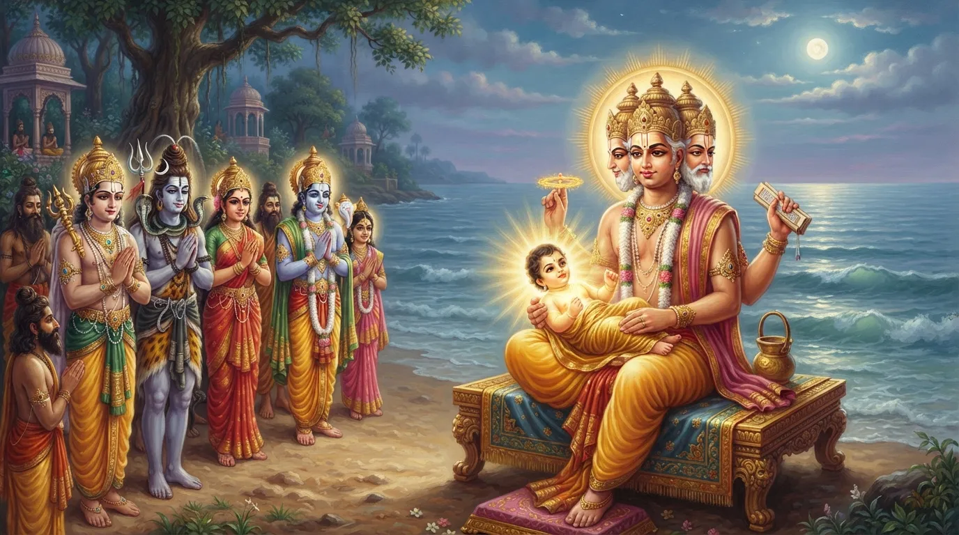 क्षीरसागर के तट पर, ब्रह्मा जी एक तेजस्वी बालक (जालंधर) को अपनी गोद में लिए हुए हैं। बालक के शरीर से दिव्य प्रकाश निकल रहा है और पृष्ठभूमि में शांत समुद्र और देवगण खड़े हैं।