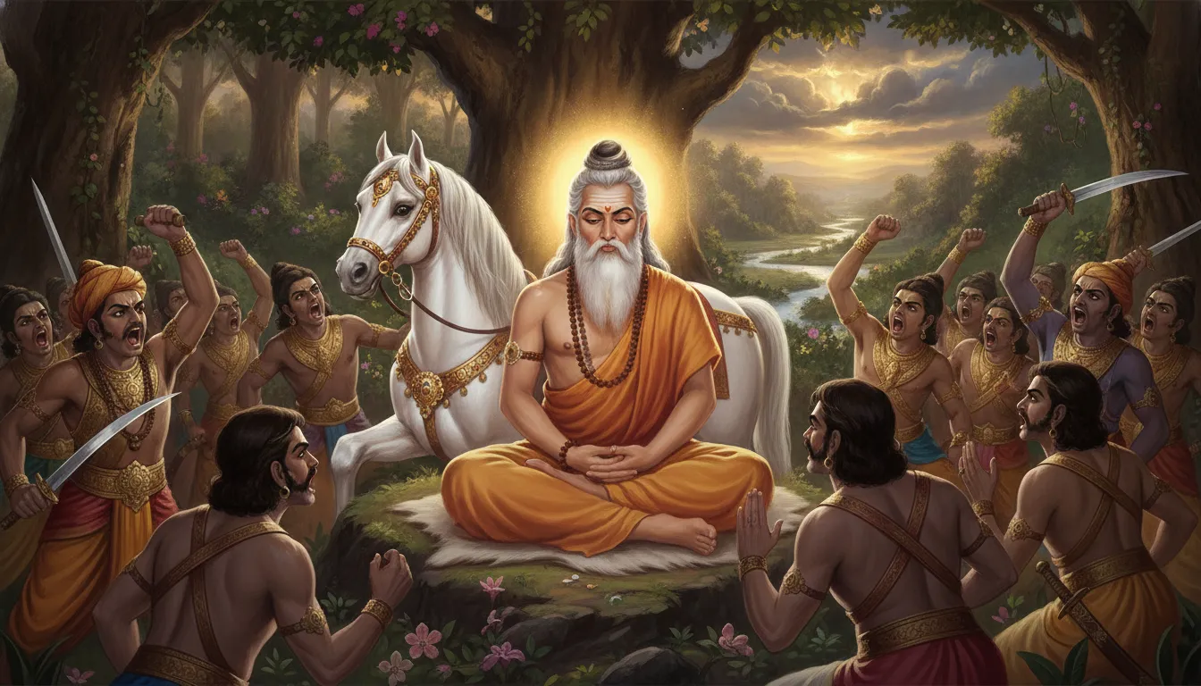 कपिल मुनि अपनी तपस्या में लीन बैठे हैं, उनके सामने अश्वमेध यज्ञ का घोड़ा खड़ा है और उनके चारों ओर सगर के साठ हजार पुत्र गुस्से में खड़े होकर उन पर चिल्ला रहे हैं। मुनि के चेहरे पर शांत पर क्रोध का भाव है।