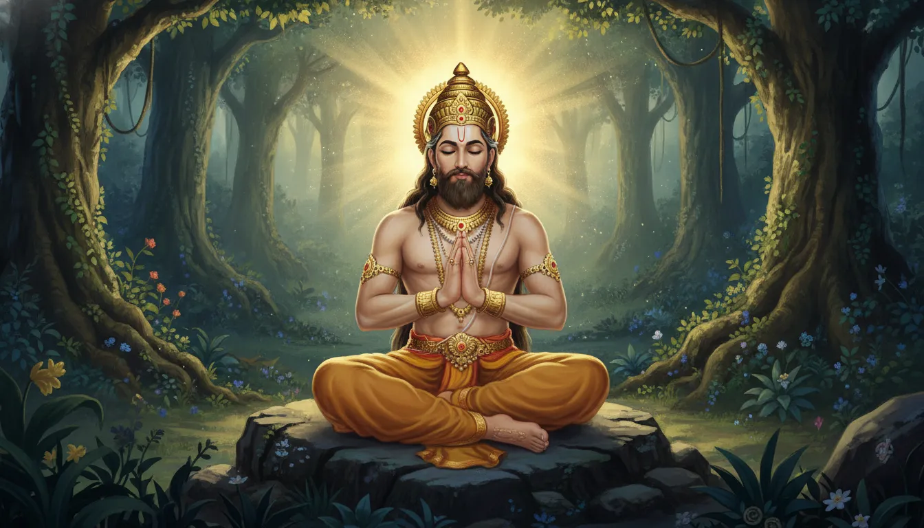 राजा भगीरथ कठिन तपस्या कर रहे हैं। वे एक चट्टान पर बैठे हुए हैं, उनके हाथ जुड़े हुए हैं, और उनकी आँखें बंद हैं। उनके चारों ओर जंगल का दृश्य है और आकाश से हल्का प्रकाश उन पर पड़ रहा है।