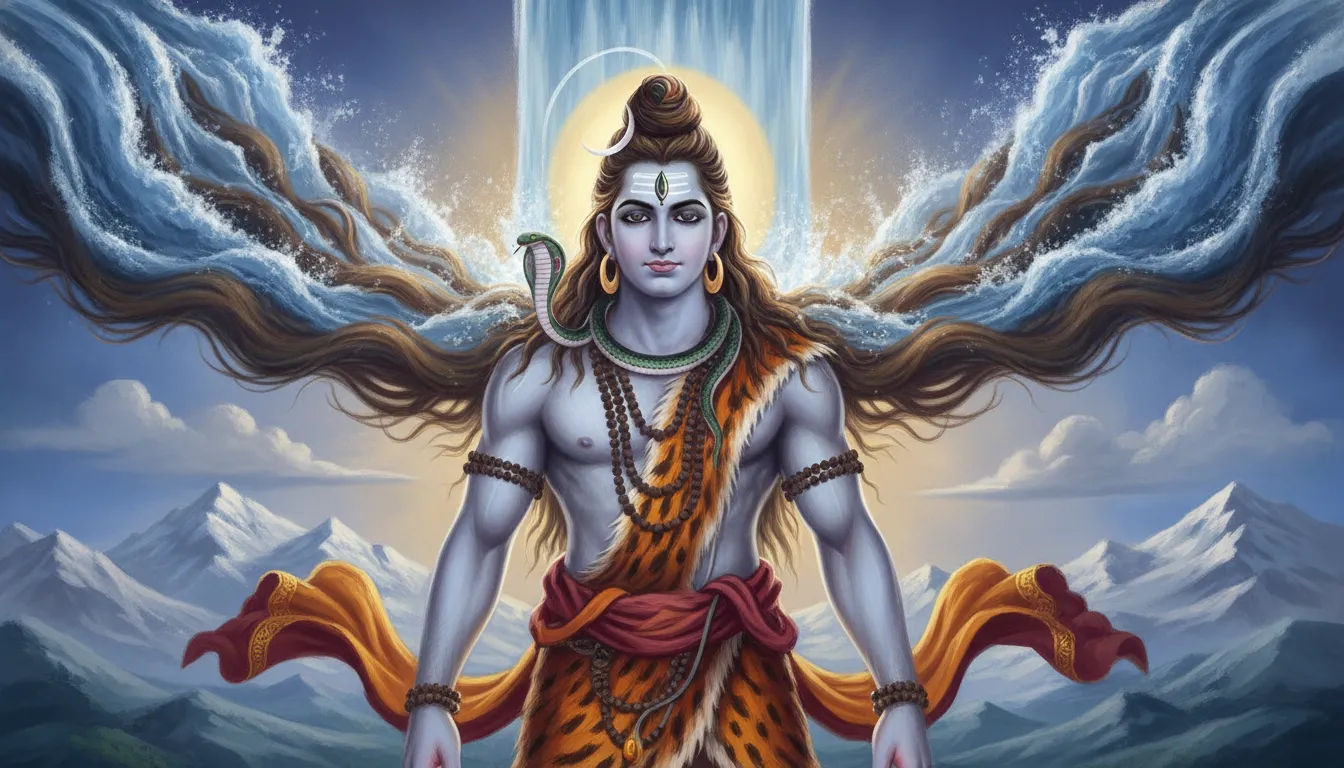 भगवान शिव अपनी विशाल जटाओं को फैलाए खड़े हैं। उनके ऊपर से प्रचंड वेग से गंगा नदी आ रही है जिसे शिव अपनी जटाओं में सहजता से समेट रहे हैं। गंगा का जल उनकी जटाओं में शांत होता दिख रहा है। शिव का मुख गंभीर और शक्तिशाली है।