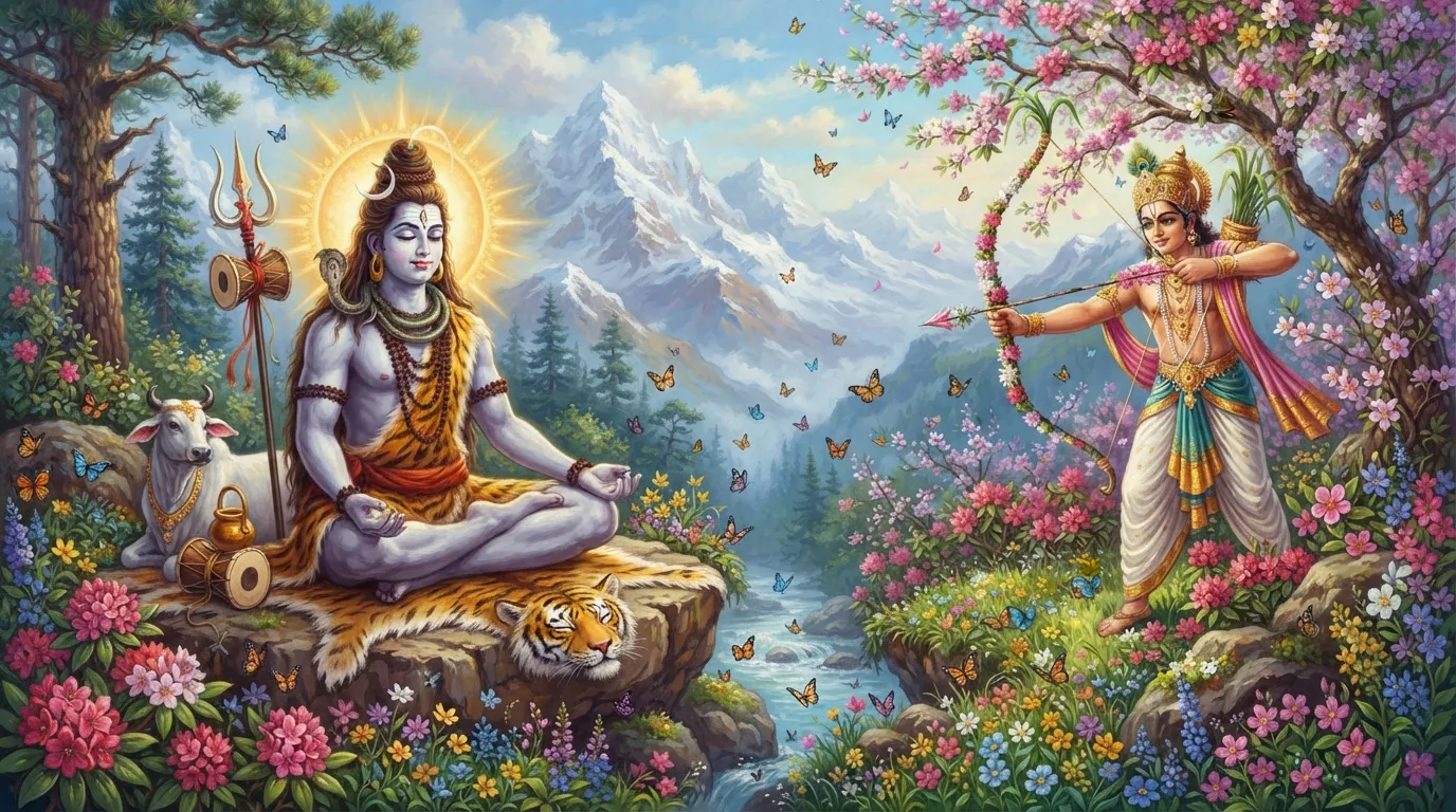 हिमालय की बर्फीली चोटी पर ध्यान में लीन भगवान शिव। उनके सामने कामदेव एक पेड़ के पीछे छिपे हुए हैं और अपने फूलों का धनुष-बाण शिव पर साध रहे हैं। आसपास का वातावरण वसंत ऋतु के कारण फूलों और तितलियों से जीवंत है।