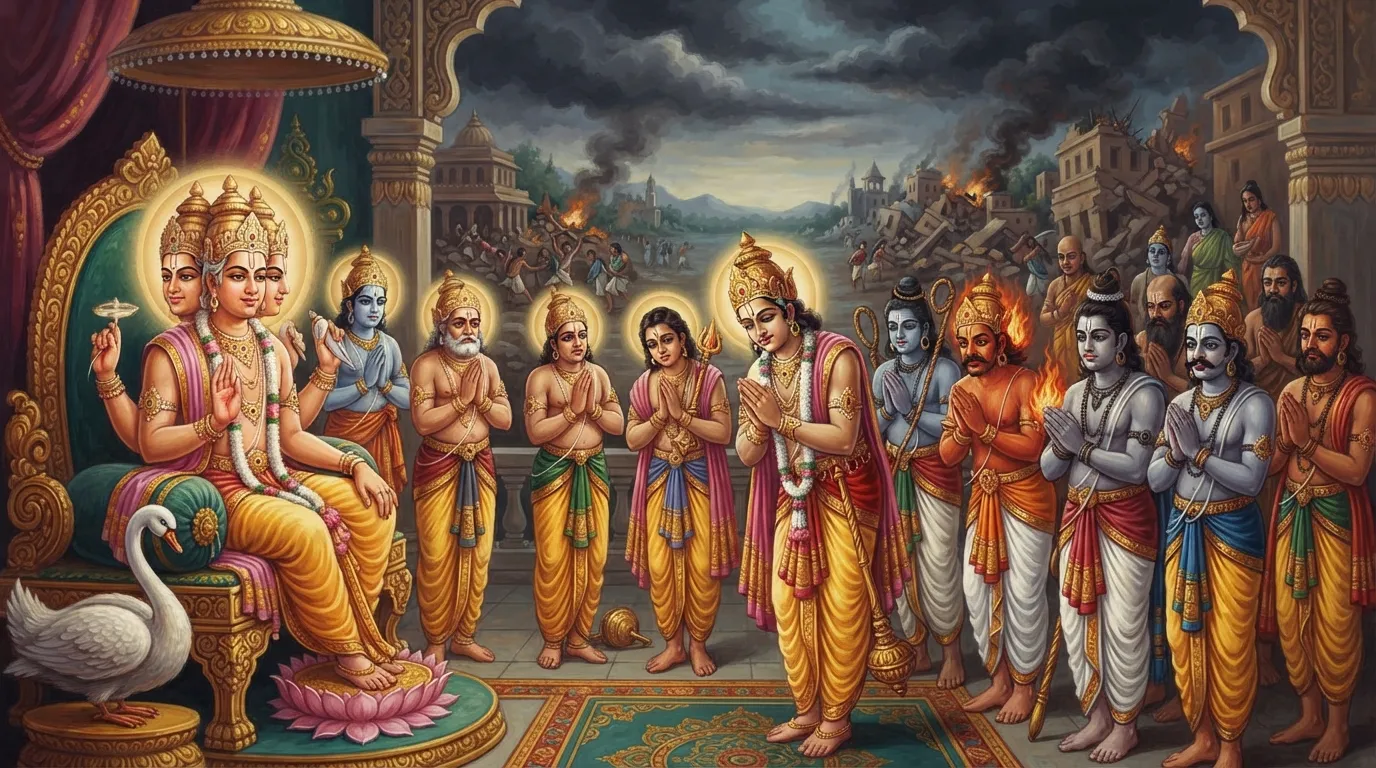डरे हुए देवतागण, जिनमें इंद्र और अन्य देव शामिल हैं, हाथ जोड़कर ब्रह्मा जी के सामने खड़े हैं। पृष्ठभूमि में तारकासुर के आतंक से पीड़ित संसार का दृश्य है।