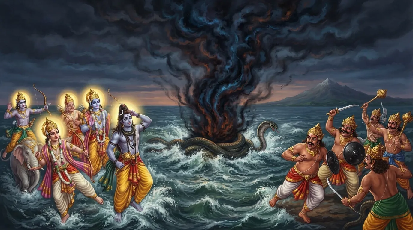 समुद्र मंथन का एक भयावह दृश्य। देवता और असुर घबराकर पीछे हट रहे हैं, और समुद्र के बीच से काले, विषैले धुएं का एक विशाल गुबार निकल रहा है जो आसमान तक फैल रहा है। सबकी आँखों में डर साफ़ दिख रहा है।