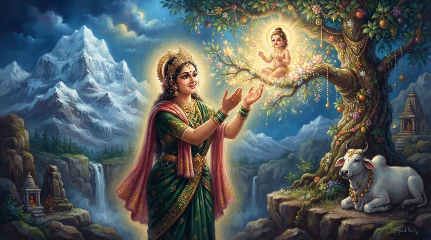 कैलाश पर्वत के शांत और दिव्य वातावरण में, माँ पार्वती कल्पवृक्ष को छू रही हैं। वृक्ष की शाखाओं से एक सौम्य प्रकाश निकल रहा है और उसी प्रकाश से एक सुंदर कन्या का जन्म हो रहा है। माँ पार्वती के चेहरे पर वात्सल्य और आश्चर्य का मिला-जुला भाव है।