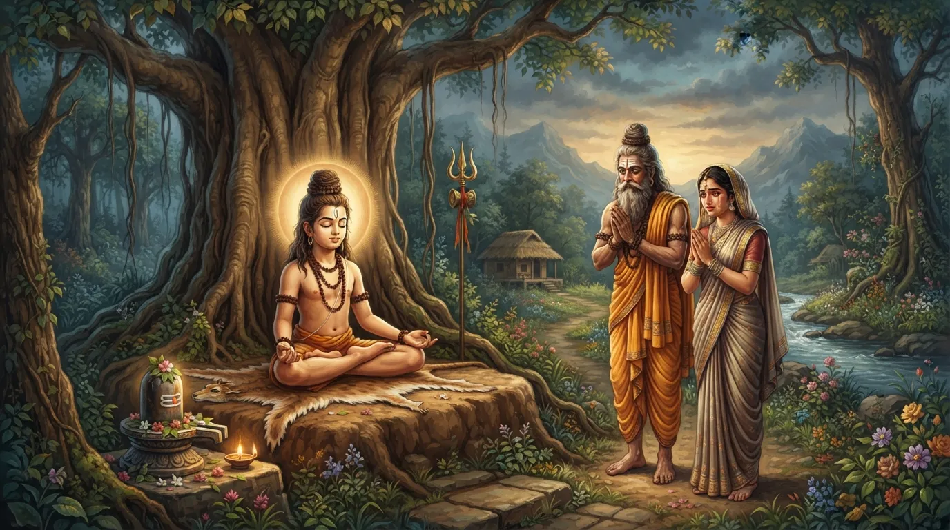 ऋषि मृकण्डु और उनकी पत्नी मरुद्वती अपने युवा पुत्र मार्कण्डेय को चिंता और स्नेह से देख रहे हैं, जो एक पेड़ के नीचे बैठकर ध्यान में लीन है। उनके चेहरों पर गर्व और दुःख का मिला-जुला भाव है।
