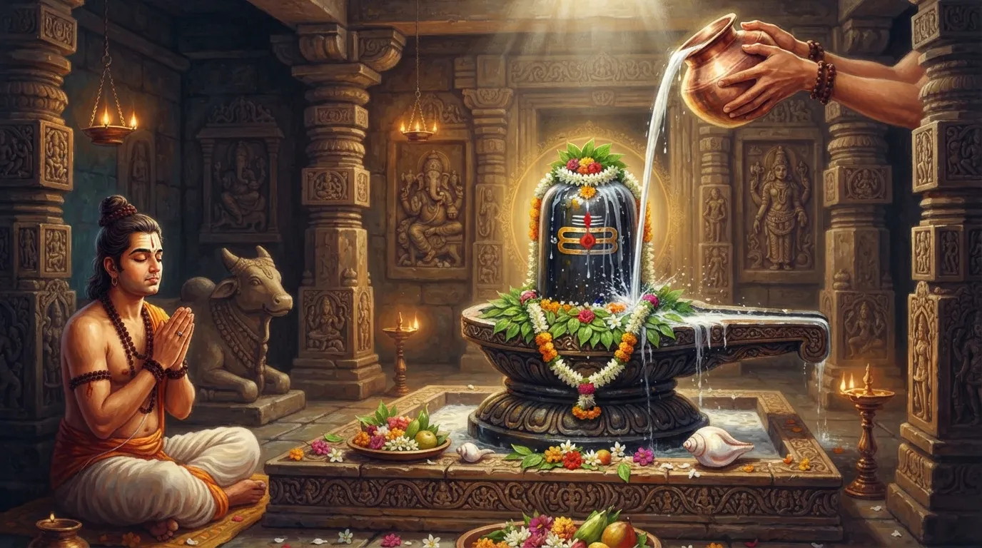 एक शांत मंदिर के गर्भगृह में रखा एक सुंदर, प्राचीन काले पत्थर का शिवलिंग। उस पर दूध और जल की धारा अर्पित की जा रही है और ताज़े बेलपत्र और गेंदे के फूल चढ़े हुए हैं। माहौल बहुत ही भक्तिपूर्ण और शांत है।