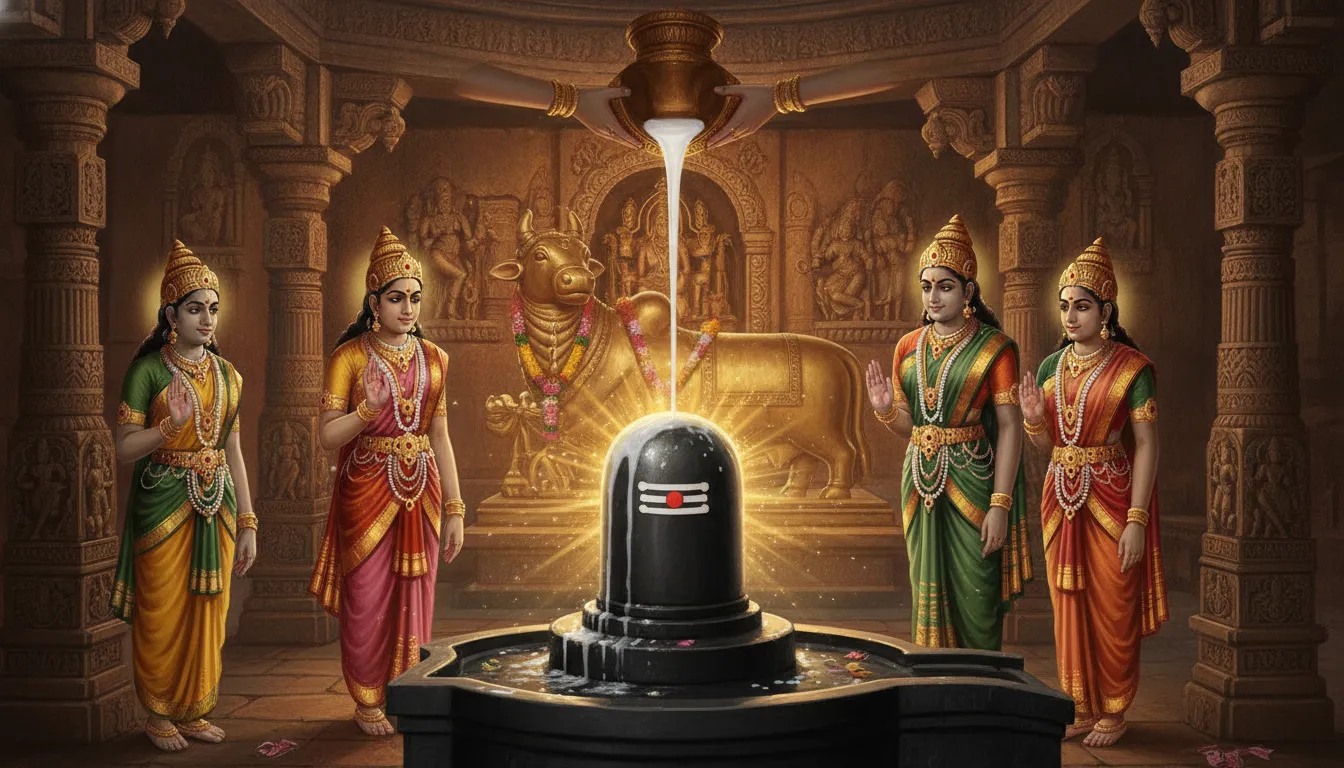 एक प्राचीन शिव मंदिर के अंदर एक शिवलिंग जिस पर दूध और जल से अभिषेक हो रहा है, आसपास हल्के सुनहरे प्रकाश में ऊर्जा का आभास हो रहा है