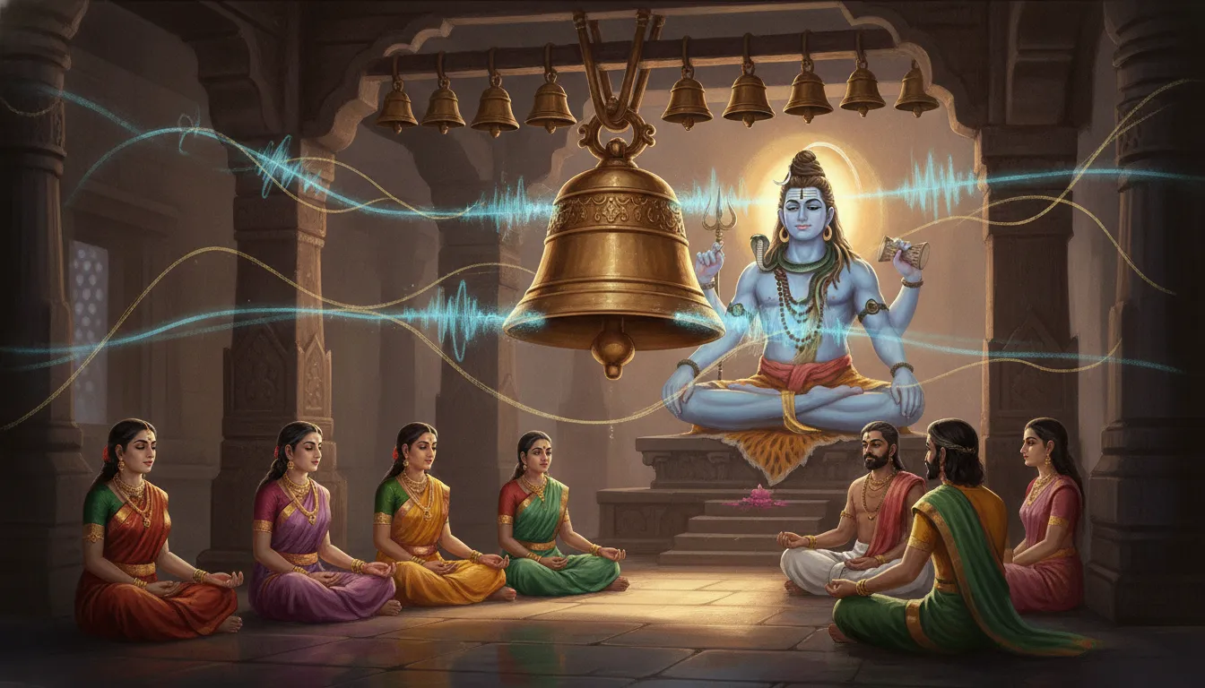 एक शिव मंदिर के अंदर कई घंटियां बज रही हैं, ध्वनि तरंगों को प्रतीकात्मक रूप से हवा में फैलते हुए दिखाया गया है, भक्त शांति से बैठे हुए हैं