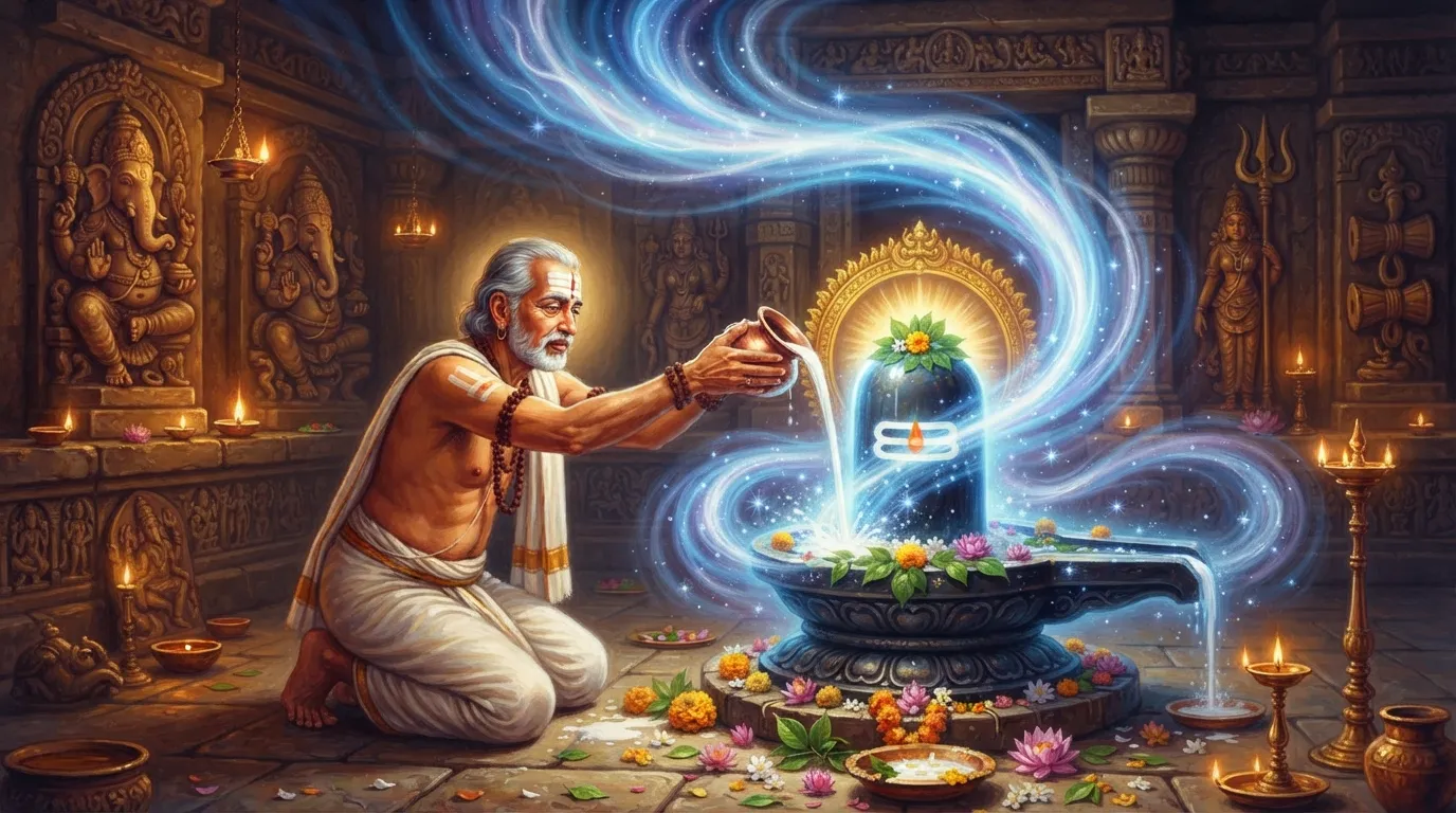 एक प्राचीन मंदिर के गर्भगृह में स्थित ज्योतिर्लिंग, जिससे नीले और सफेद रंग की सूक्ष्म ऊर्जा तरंगें निकल रही हैं। भक्त द्वारा चढ़ाया जा रहा दूध उन ऊर्जा तरंगों को सोखता हुआ दिख रहा है।