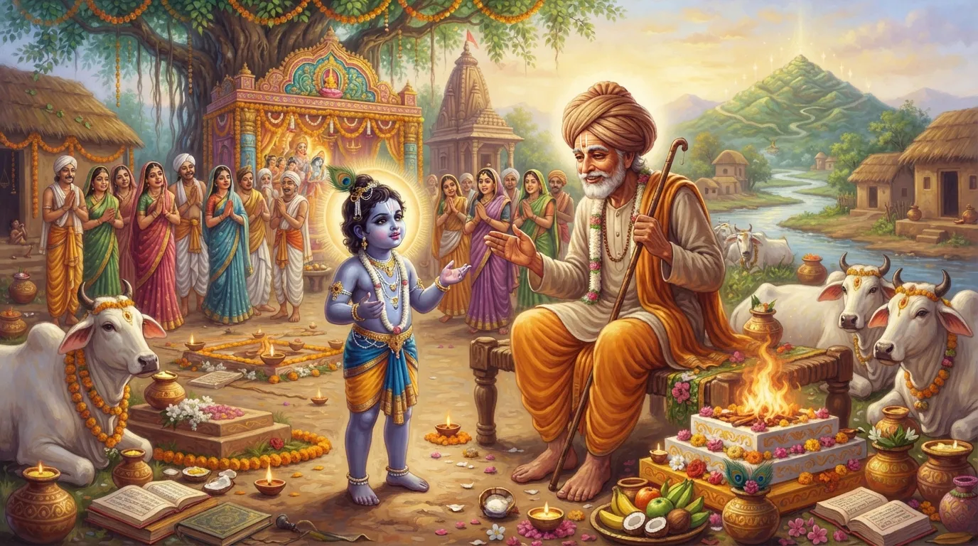छोटा सा बालक कृष्ण अपने पिता नंद बाबा से मासूमियत से सवाल पूछ रहा है, और गाँव वाले हैरानी से उन्हें देख रहे हैं। पृष्ठभूमि में पूजा की तैयारी चल रही है।