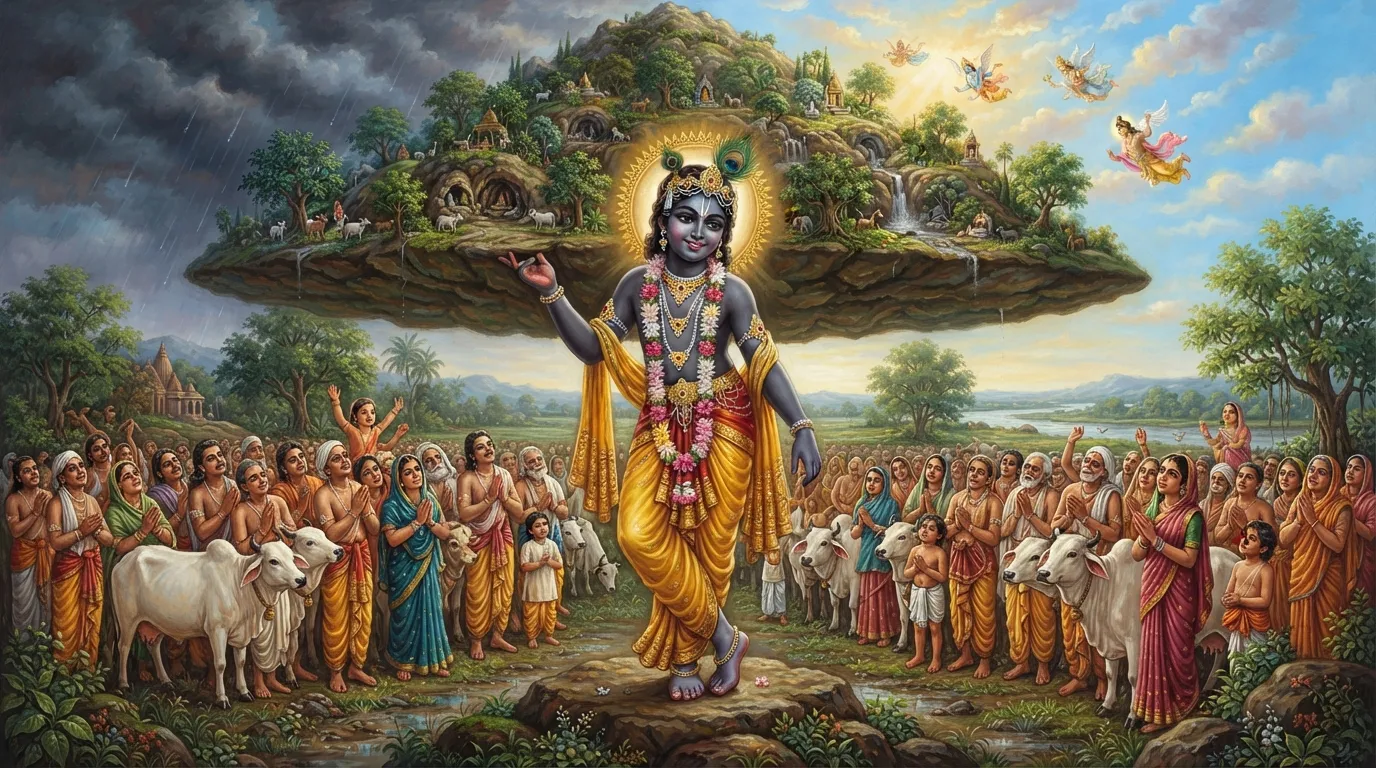 गोवर्धन लीला: जब श्री कृष्ण ने छोटी उंगली पर पर्वत उठाया