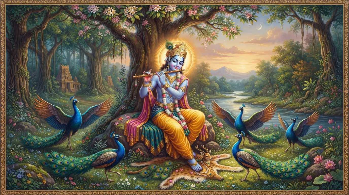 भगवान श्री कृष्ण एक कदम के पेड़ के नीचे बैठकर बाँसुरी बजा रहे हैं और उनके चारों ओर प्रसन्न होकर मोर अपने पंख फैलाकर नाच रहे हैं