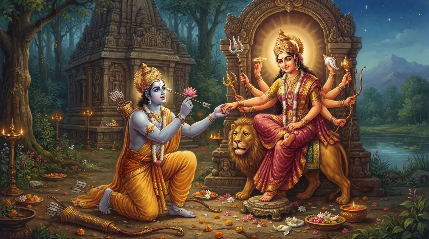 प्रभु श्रीराम अपने धनुष-बाण को किनारे रखकर, घुटनों के बल बैठे हैं और अपना एक नेत्र निकालने को उद्यत हैं। उनके सामने माँ दुर्गा की भव्य मूर्ति है। तभी माँ दुर्गा स्वयं प्रकट होकर उनका हाथ पकड़ लेती हैं, उनके चेहरे पर एक ममतामयी मुस्कान है।