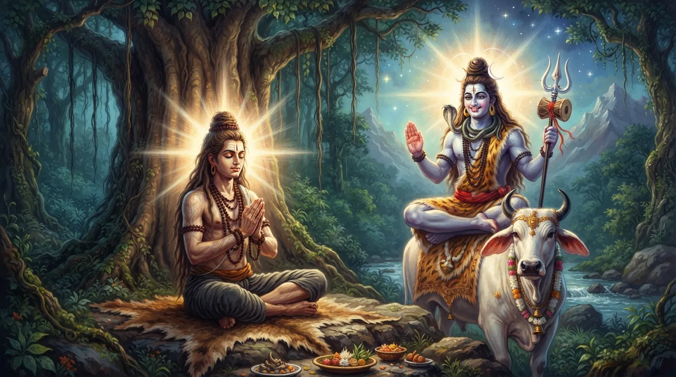घने जंगल में युवा शुक्राचार्य कठोर तपस्या में लीन हैं, उनके शरीर के चारों ओर एक दिव्य तेज है। उनके सामने भगवान शिव सौम्य मुद्रा में प्रकट हो रहे हैं, उनके हाथ में त्रिशूल और डमरू है, और वे वरदान देने की मुद्रा में हैं।