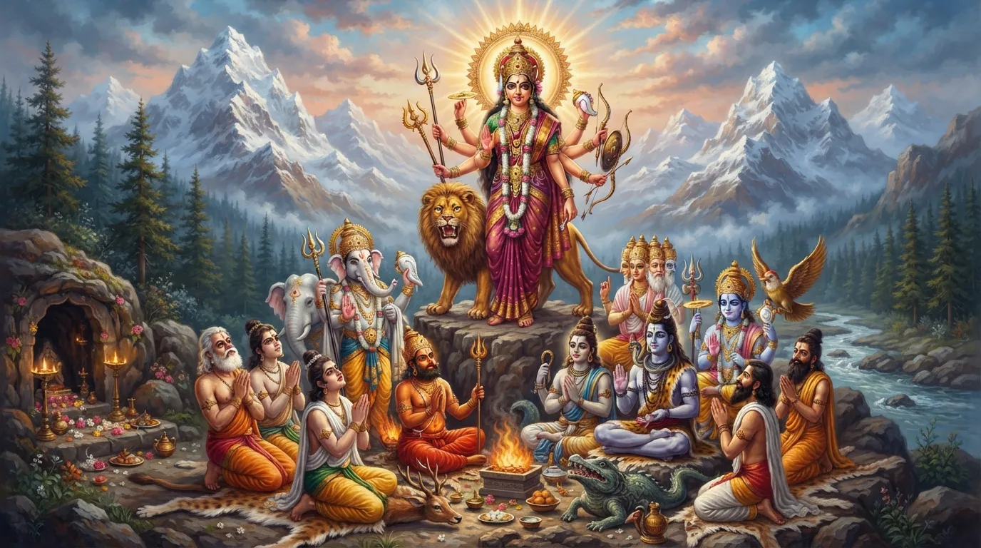 हिमालय की बर्फीली चोटियों के बीच, सभी प्रमुख देवता, जैसे इंद्र, अग्नि, और वरुण, हाथ जोड़कर देवी भगवती की स्तुति कर रहे हैं। उनके चेहरों पर निराशा और आशा का मिला-जुला भाव है, और उनकी आँखें आकाश की ओर लगी हैं।