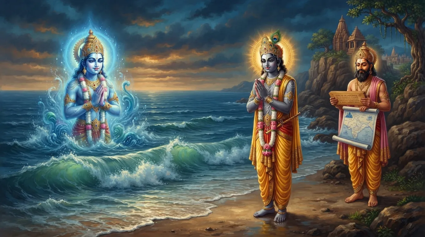 भगवान कृष्ण समुद्र देव से प्रार्थना कर रहे हैं, विशाल लहरें उनके चरणों के पास शांत हैं। पृष्ठभूमि में, देव शिल्पी विश्वकर्मा द्वारका का नक्शा लिए खड़े हैं।