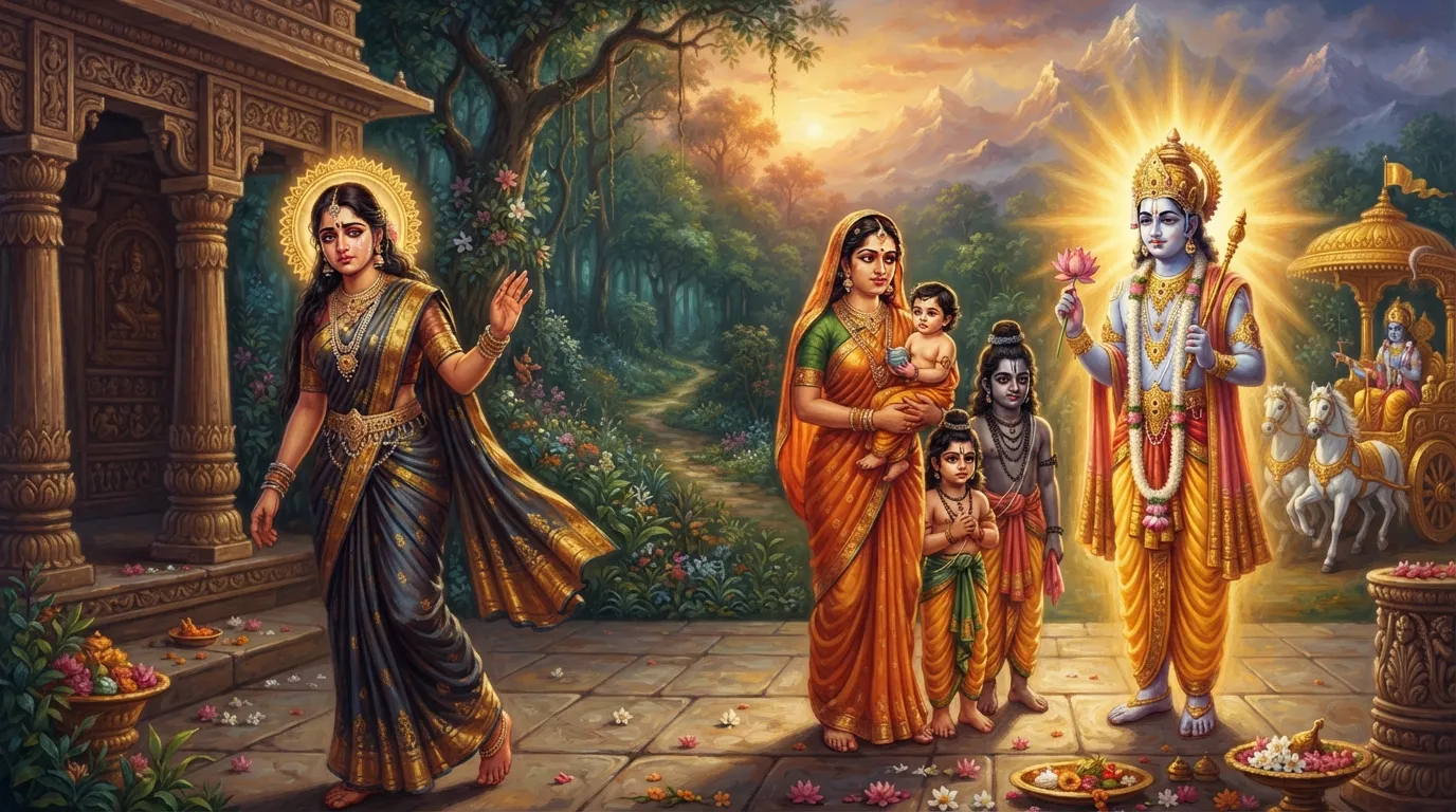देवी संज्ञा अपनी परछाई, छाया, को सूर्य लोक में अपने बच्चों और पति सूर्य देव के पास छोड़कर वन की ओर जाती हुई। संज्ञा के चेहरे पर दुविधा और छाया के चेहरे पर कर्त्तव्य का भाव है।
