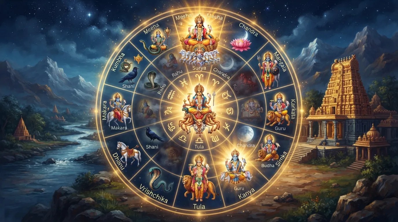 एक ज्योतिषीय चक्र (कुंडली) जिसमें सभी 12 राशियाँ और 9 ग्रह दिखाए गए हैं, कुछ ग्रहों को उनकी उच्च राशि में चमकते हुए और कुछ को उनकी नीच राशि में धुंधला दिखाया गया है।