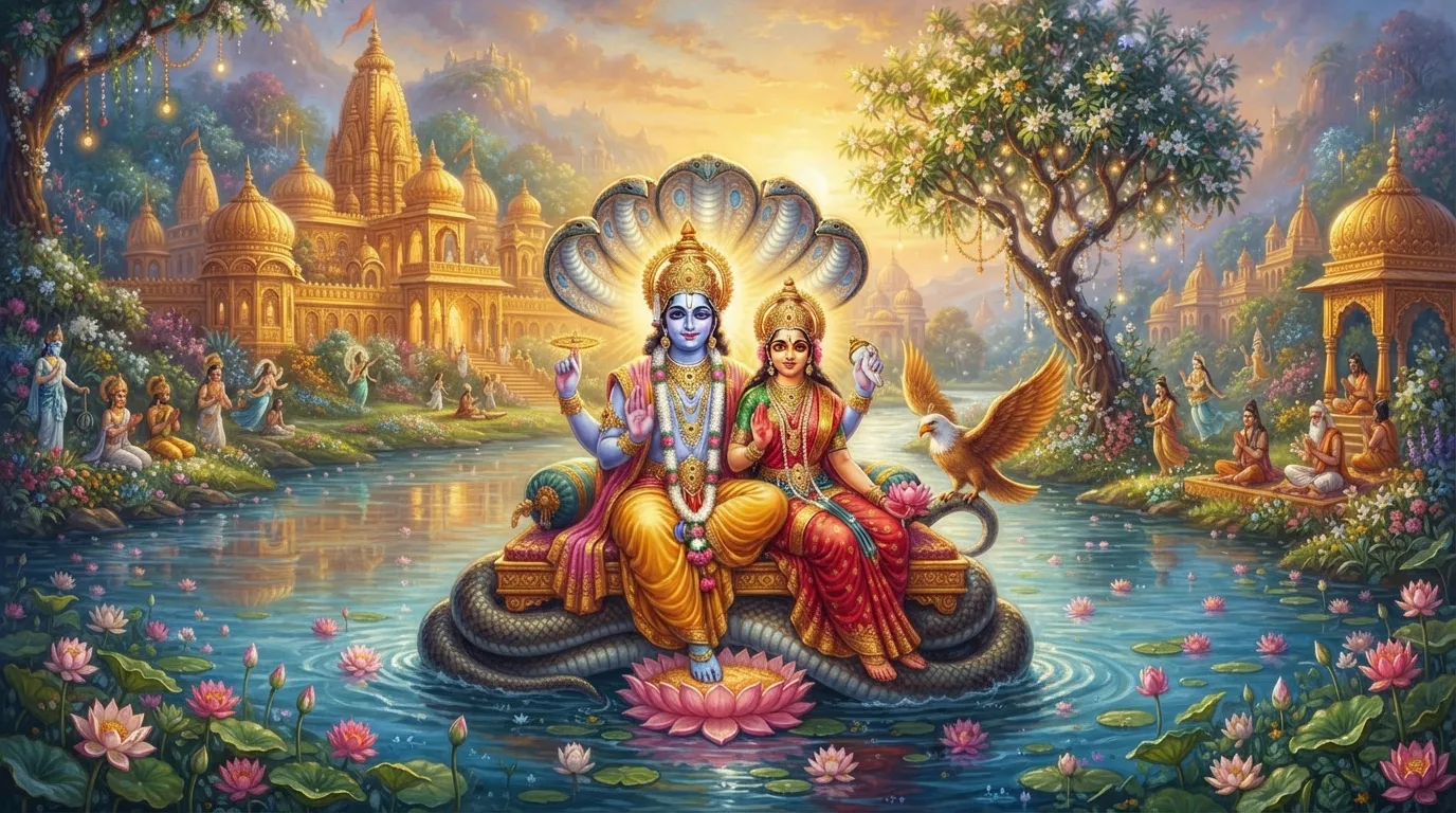वैकुंठ धाम का मनमोहक दृश्य, जिसमें स्वर्ण महल, दिव्य पारिजात के वृक्ष और अमृत जैसी स्वच्छ नदी में खिले कमल दिखाई दे रहे हैं
