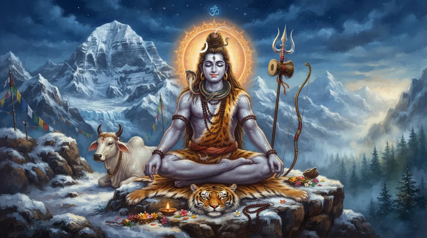 बर्फीले कैलाश पर्वत पर ध्यान में लीन भगवान शिव, उनकी शांत मुद्रा और चेहरे पर परम संतोष का भाव दिखाई दे रहा है।