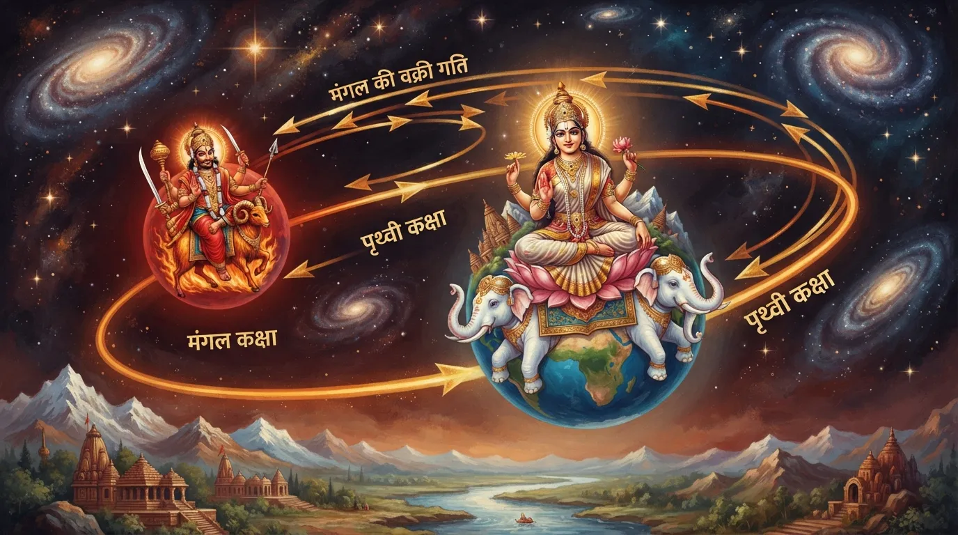 पृथ्वी और मंगल ग्रह की कक्षाओं का एक सरल चित्र, जिसमें पृथ्वी मंगल को पार कर रही है, और मंगल की आभासी वक्री गति को तीरों से दिखाया गया है