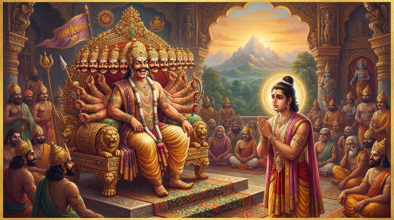 रावण अपनी भव्य सभा में स्वर्ण सिंहासन पर बैठा है और अहंकार से हँस रहा है, जबकि विभीषण हाथ जोड़कर विनम्रता से उसे कुछ समझाने की कोशिश कर रहे हैं।