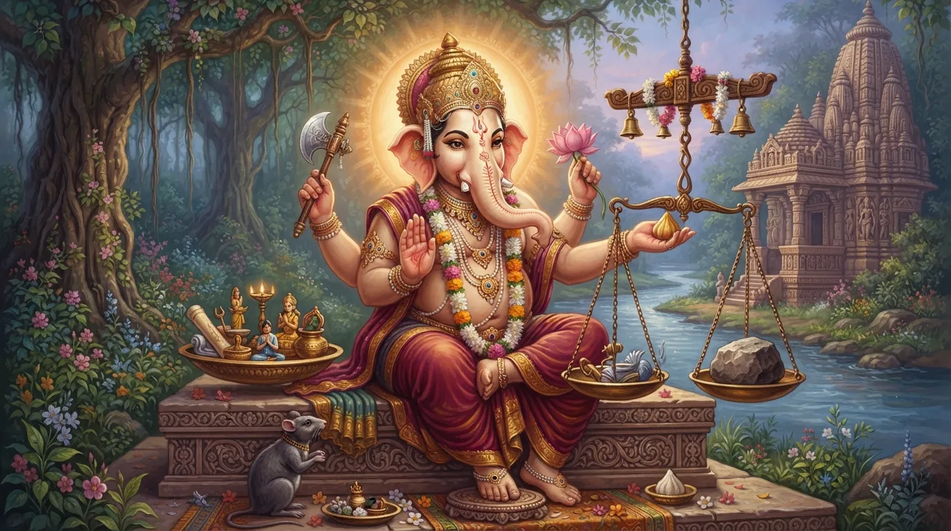 तराज़ू के एक पलड़े में इंसान के कर्म रखे हैं और दूसरे पलड़े पर एक बाधा (पत्थर) है, जिसे भगवान गणेश का हाथ संतुलित कर रहा है। दृश्य शांत और न्यायपूर्ण है, दण्ड का भाव नहीं है।