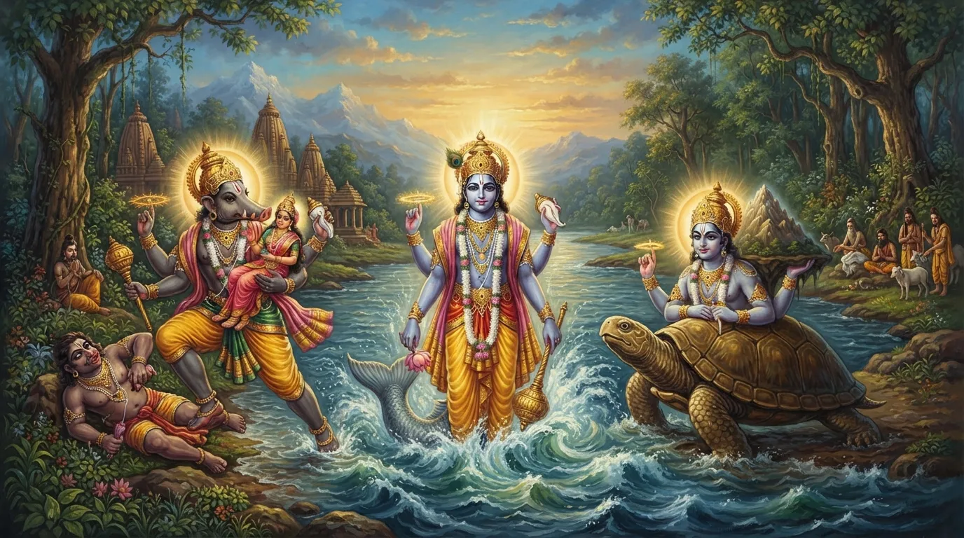 मत्स्य, कूर्म और वराह अवतारों का एक साथ शांत और सुंदर चित्रण, जल और थल के बीच संक्रमण को दर्शाते हुए