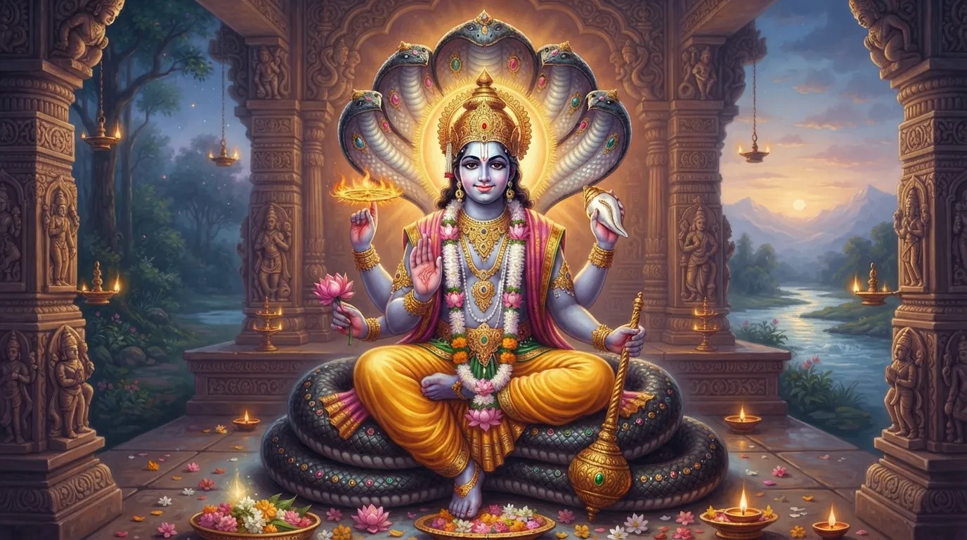 भगवान विष्णु की एक शांत और सौम्य मूर्ति या चित्र, जिसमें उनके चारों हाथों में शंख, चक्र, गदा और पद्म स्पष्ट रूप से दिखाई दे रहे हैं। उनका मुखमंडल करुणा और शांति से भरा है।