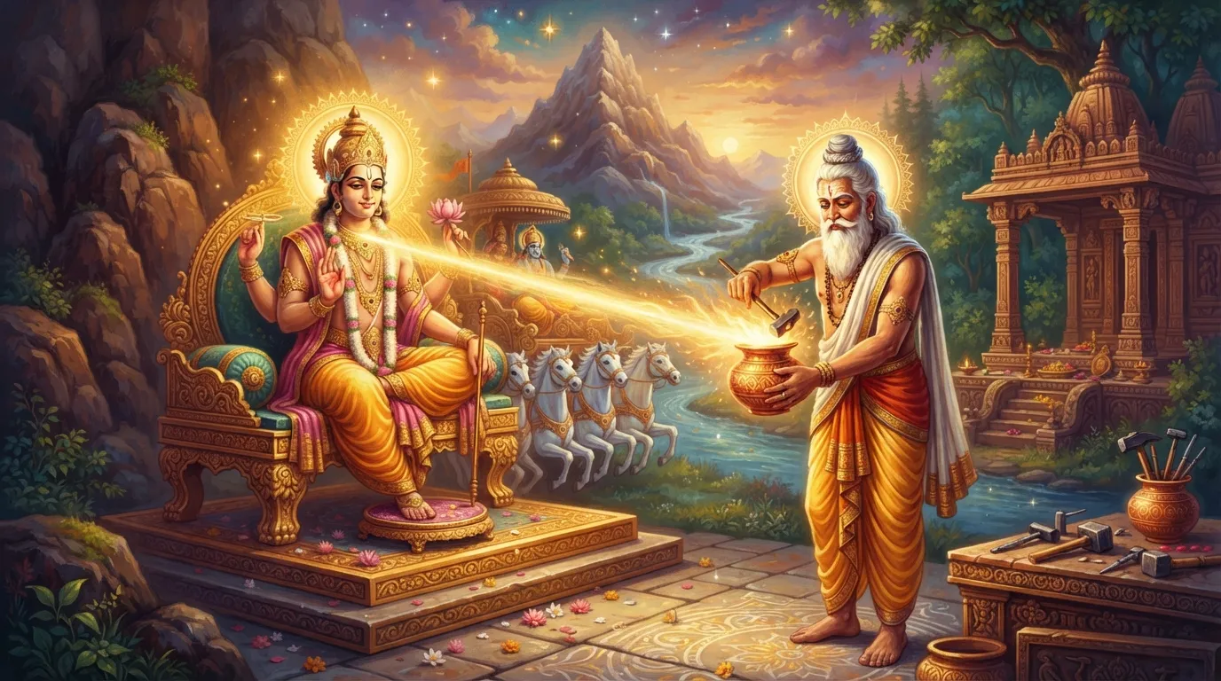दिव्य शिल्पकार विश्वकर्मा अपने दिव्य उपकरणों से सूर्य देव के प्रचंड तेज को कम कर रहे हैं। सूर्य देव शांत भाव में बैठे हैं और उनसे सुनहरी ऊर्जा का पुंज निकल रहा है, जिसे विश्वकर्मा एक पात्र में एकत्र कर रहे हैं।