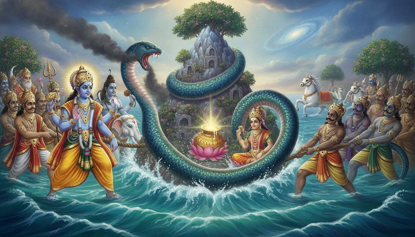 मंदराचल पर्वत को मथनी और वासुकि नाग को रस्सी बनाकर देव और असुर समुद्र मंथन कर रहे हैं। समुद्र से रत्न और अमृत कलश निकलता दिख रहा है।