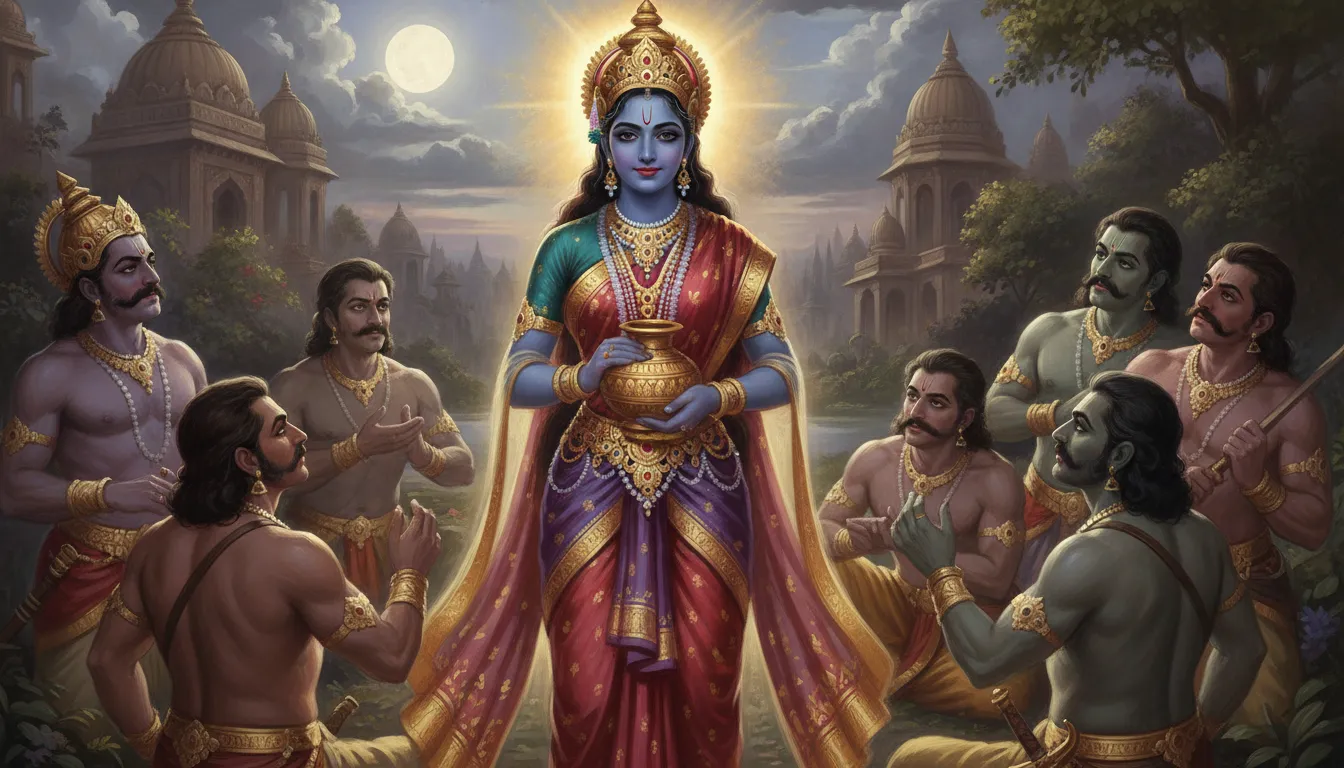 भगवान विष्णु एक अत्यंत सुंदर स्त्री के मोहिनी रूप में खड़े हैं, उनके मुख पर मीठी मुस्कान और आंखों में माया है। आस-पास के असुर उनके सौंदर्य से मोहित होकर देख रहे हैं।