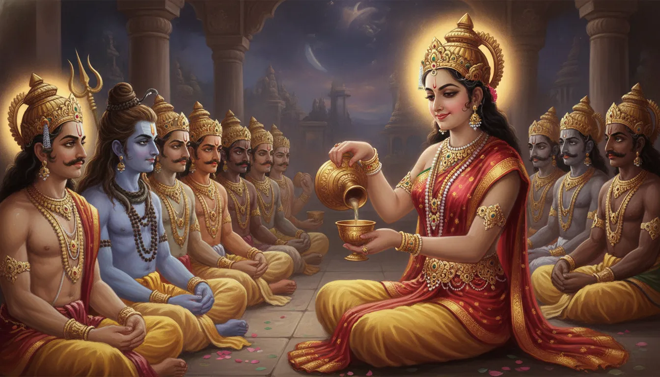 मोहिनी रूप में विष्णु एक पंक्ति में बैठे देवों को अमृत पिला रही हैं, जबकि असुर दूसरी पंक्ति में प्रतीक्षा कर रहे हैं। मोहिनी के चेहरे पर हल्की सी शरारत भरी मुस्कान है।