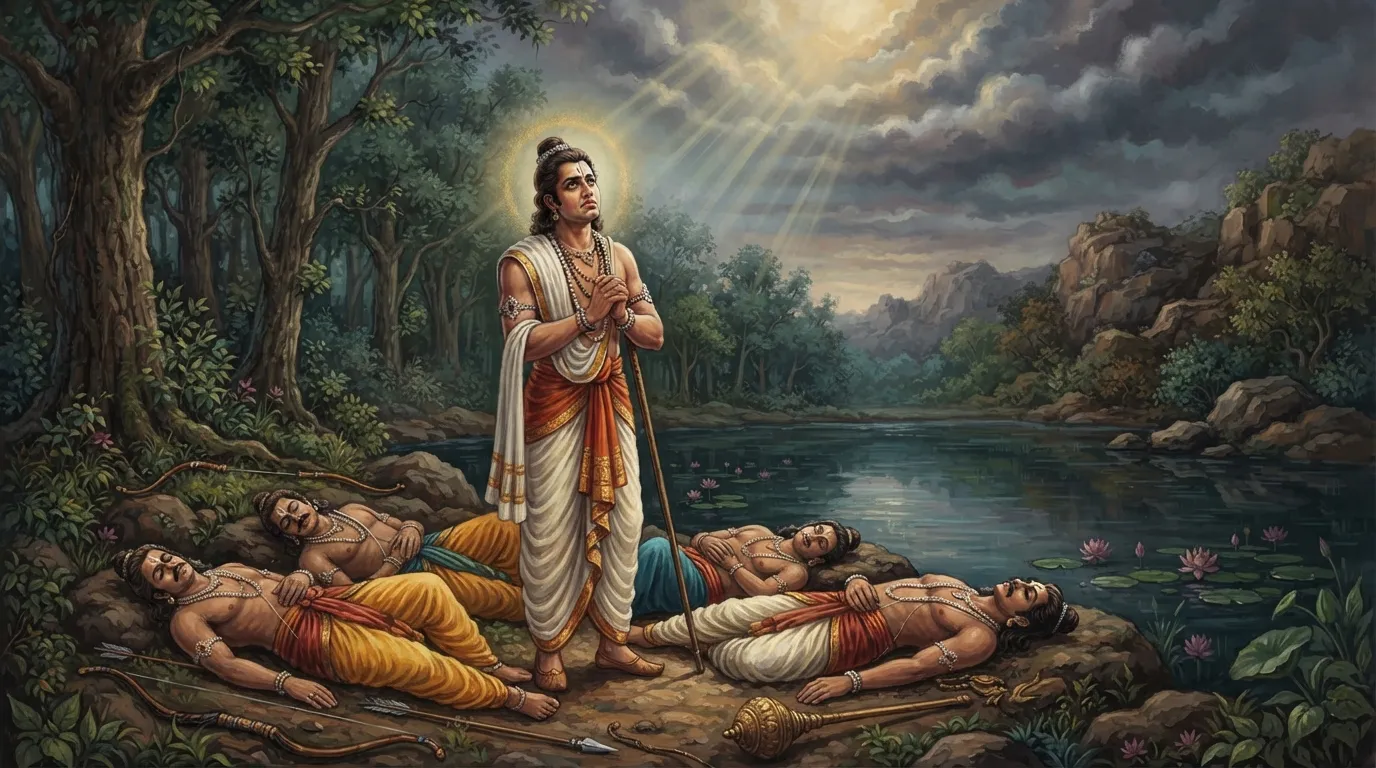 धर्मराज युधिष्ठिर एक शांत और रहस्यमयी सरोवर के किनारे खड़े हैं, उनके चारों भाई अचेत अवस्था में पड़े हैं। युधिष्ठिर की आँखों में दुःख और दृढ़ता का भाव है, और वह आकाश की ओर देख रहे हैं, जहाँ से यक्ष की अदृश्य आवाज़ आ रही है।