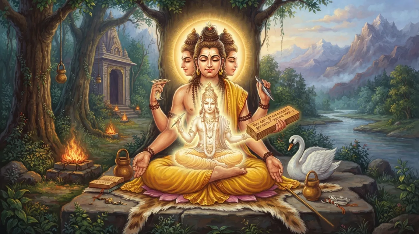एक शांत और दिव्य वातावरण में, ब्रह्मा जी ध्यान में बैठे हैं और उनके शरीर से एक तेजस्वी पुरुष प्रकट हो रहे हैं, जिनके हाथों में कलम और एक लंबा बहीखाता है।